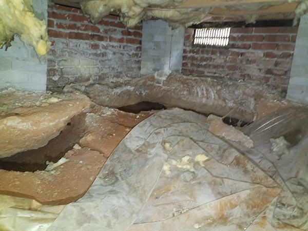 A crawl space with hanging insulation and open sections of the foundation floor